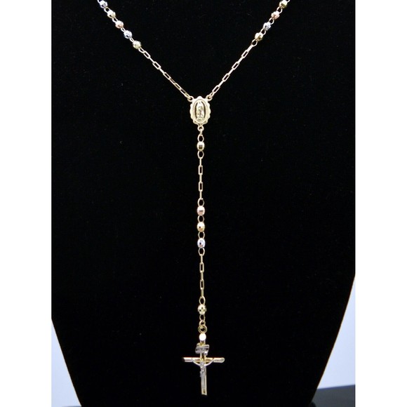 10k Solid Yellow Gold Colored Beads Rosary Virgin Mary Jesus Cross Necklace 24" - Picture 3 of 6